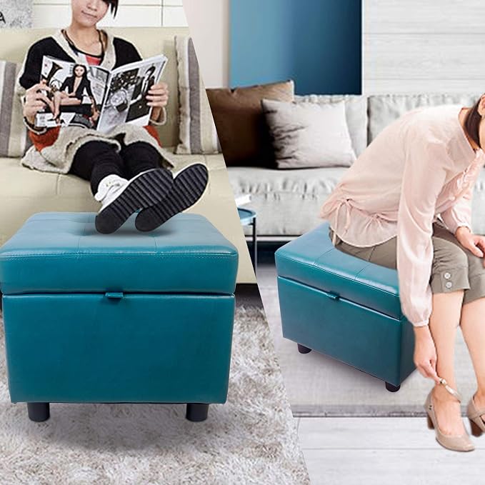 H&B Luxuries Tufted Leather Square Flip Top Storage Ottoman Cube Foot Rest - Image 8