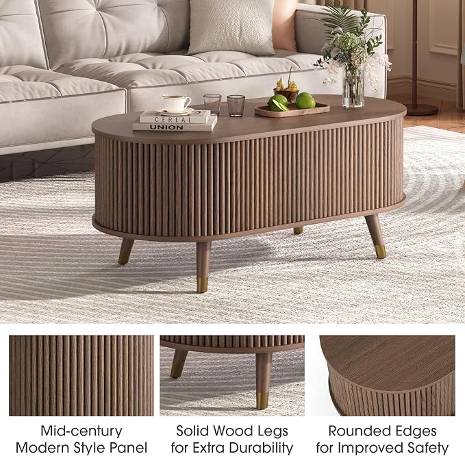 SULIVES Oval Coffee Table with Storage, Small Fluted Center Table - Image 4