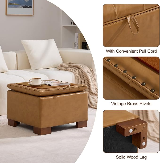 WUTUTUEE 24" Faux Leather Square Storage Ottoman - Image 5