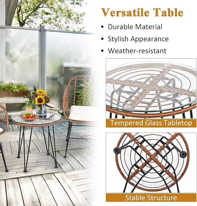 Tangkula 3 Pieces Patio Conversation Bistro Set, Outdoor Wicker Furniture - Image 6