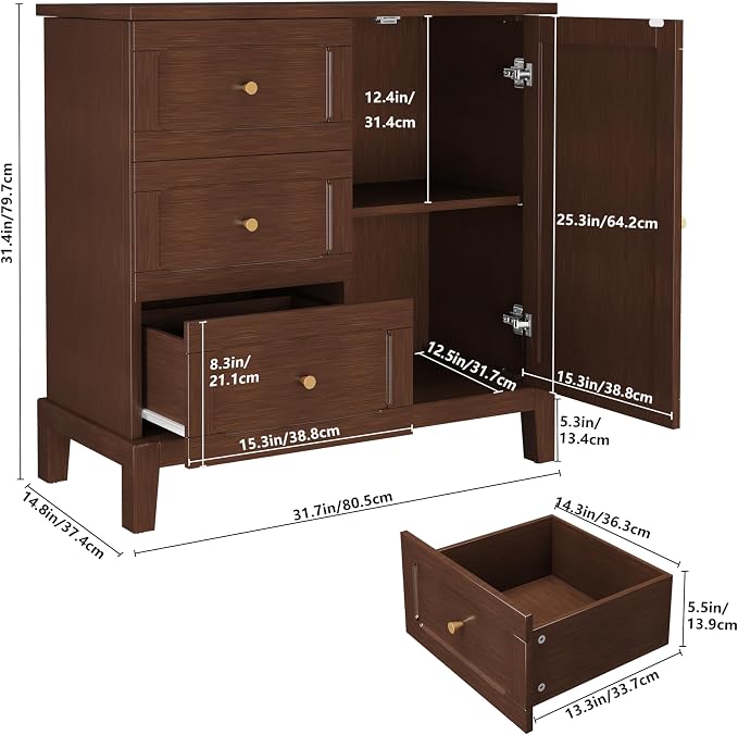 HLR Accent Cabinet with 3 Drawers and Door, Wooden Storage Cabinet with Shelves - Image 2