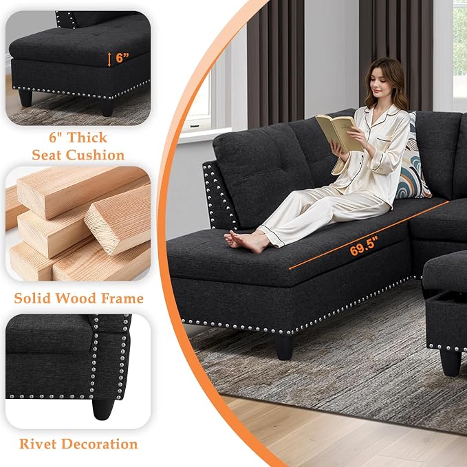Wakefit Sectional Sofa Couch, Modern 4-Seaters Living Room Furniture Sets - Image 4