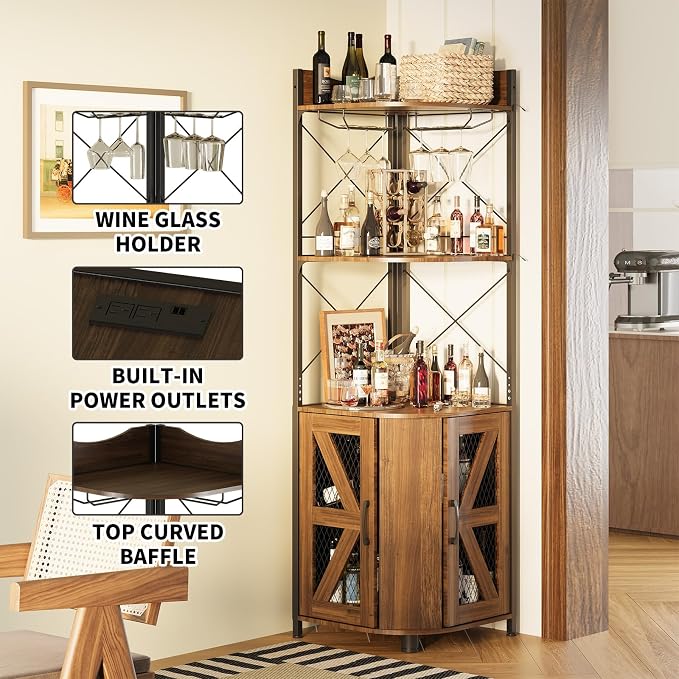 Corner Bar Cabinet with LED Lights and Power Outlet, 63 Inch, 5-Tier Industrial - Image 4