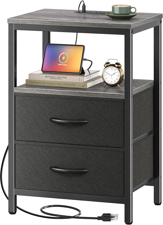 Huuger Nightstand with Charging Station, Side Table with Fabric Drawers - Image 9
