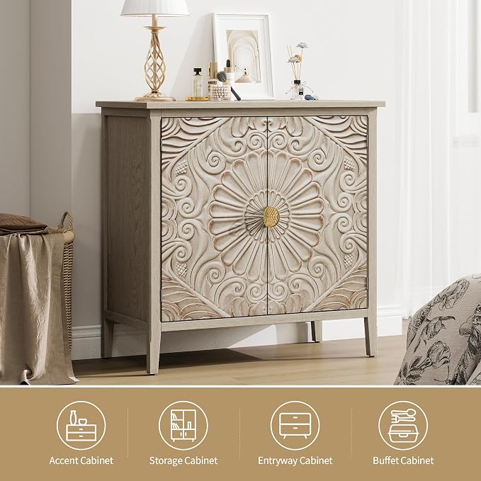 31.5" Farmhouse 2-Door Carved Accent Storage Cabinet, Vintage Distressed Floral - Image 5