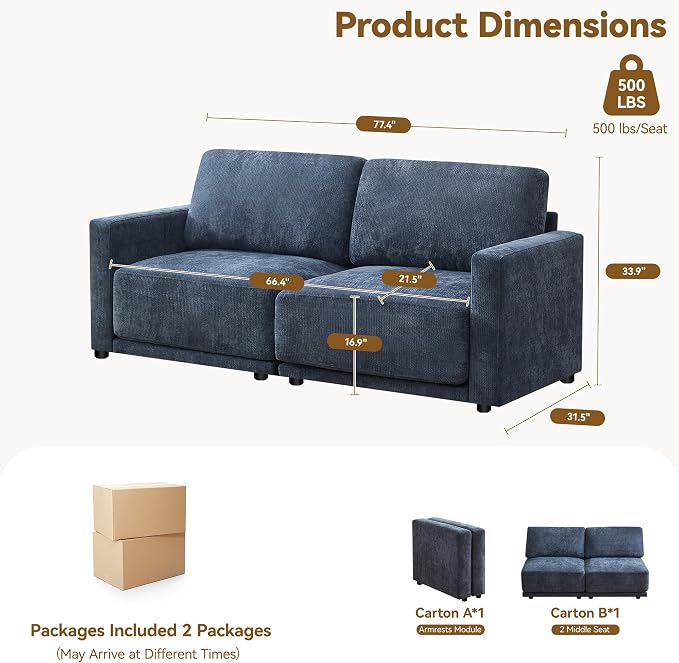 77.4" Chenille Modular Loveseat Oversized Upholstered 2 Seater Sectional Sofa - Image 2