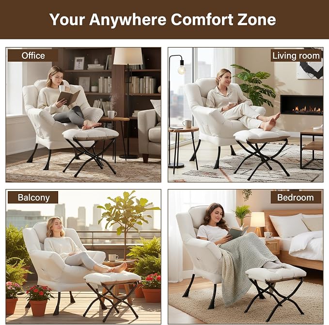 Welnow Lazy Chair with Ottoman, Modern Reading Accent Chair with Armrests and a - Image 9