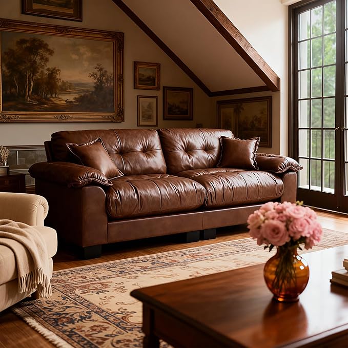 Faux Leather Sofa, Mid Century Modern Deep Loveseats, Comfy Cloud Couch by FaratiHome