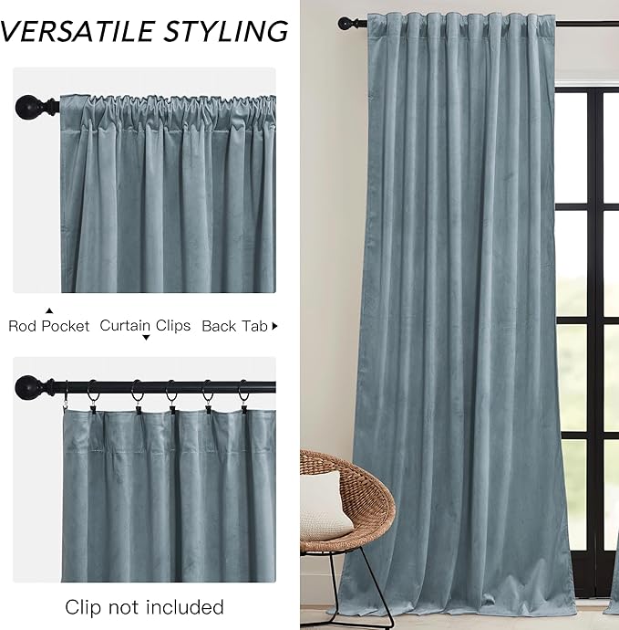 RYB HOME Stone Blue Velvet Curtains 84 inches - Image 3