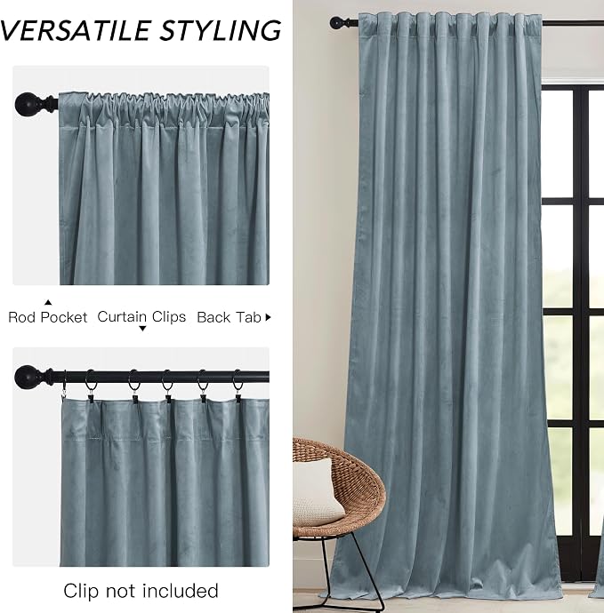 RYB HOME Stone Blue Velvet Curtains 102 inches - Image 3