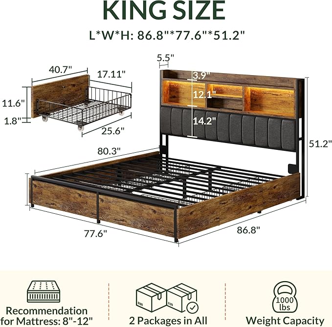 LARMACE King Bed Frame with 6 Storage Drawers, Bed Frame King Size with Linen - Image 2