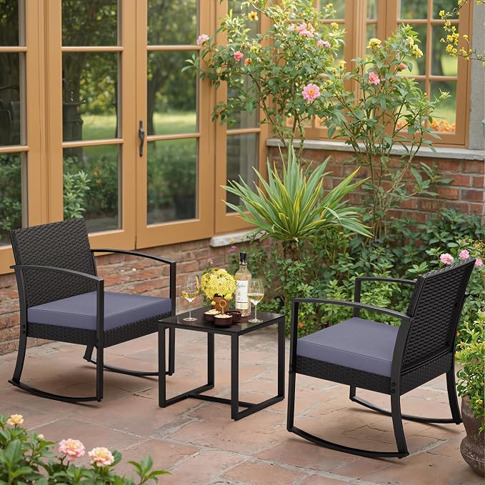 Greesum 3 Pieces Outdoor Furniture Set Patio Bistro Rocking Chairs - Image 5