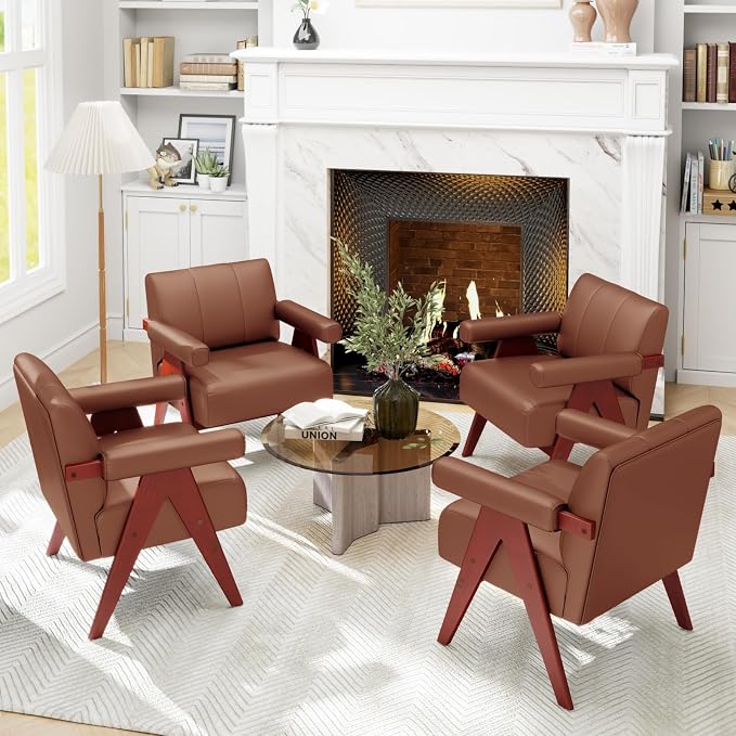 STHOUYN Brown Leather Accent Chairs Set of 2, Mid Century Modern Chair Set of 2 - Image 8