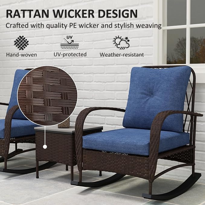 Outsunny 3 Piece Wicker Patio Furniture Set, PE Rattan Rocking Chairs - Image 4