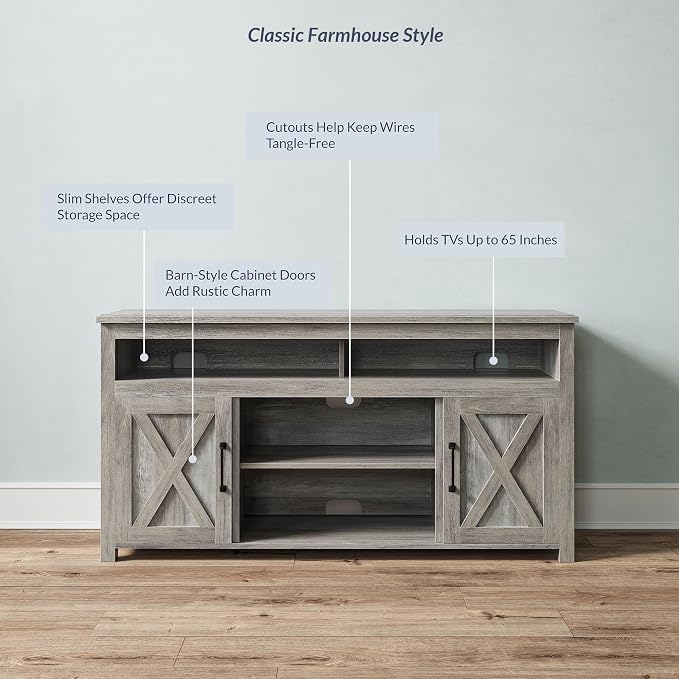 BELLEZE Modern 58 Inch Barn Door Wood TV Stand & Media Entertainment Center - Image 5