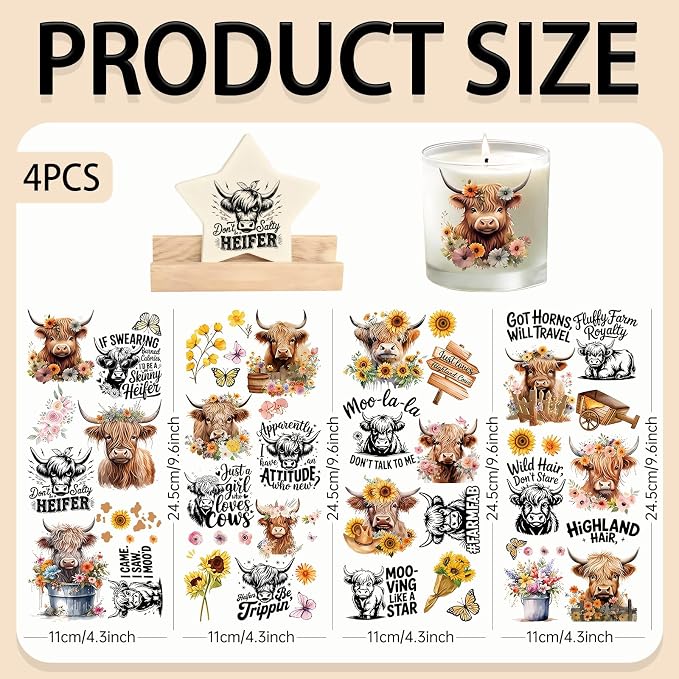 4 Sheets Rub on Transfers for Crafts, Highland Cattle Furniture Transfers for - Image 2