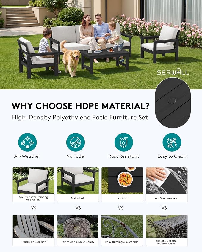 SERWALL HDPE Patio Conversation Set, 6-piece Sectional Outdoor Furniture Set - Image 3