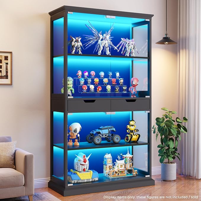 Jocoevol Display Cabinet with Glass Doors, 4-Tier Glass Display Case with Human by JOCOEVOL