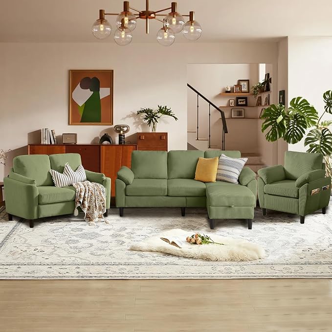 4 Piece Modern Corduroy Sofa Set, L-Shaped Sectional Couch by Firmacielu-CorduroyComfortableLivingRoomSofasforModernHome