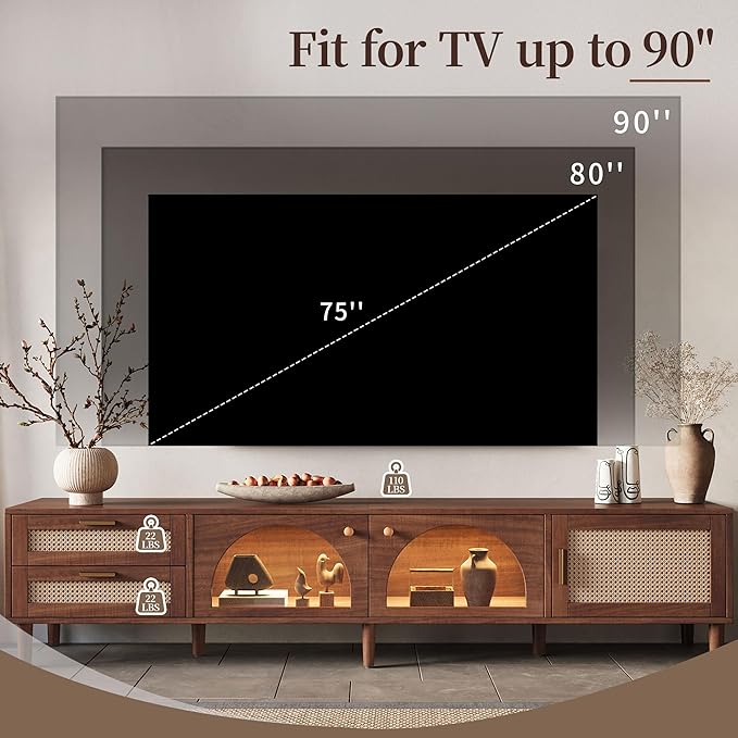 Merax Rattan TV Stand with LED Lights, Solid Wood Feet, Living Room, Bedroom - Image 2
