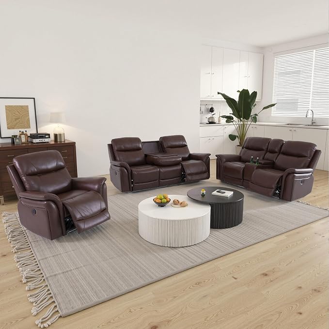 Breathable Leather Power Recliner Sofa Set, 3 Piece Living Room Furniture Set by PonlivingFurniture