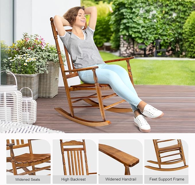 VINGLI Wooden Rocking Chair Outdoor, Patio Rockers - Image 4
