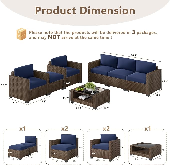 LOUVIXA 7 Piece Outdoor Patio Furniture Set, Rattan Chairs Glass Table Wicker - Image 2