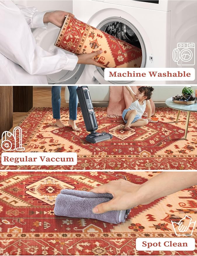SERISSA Boho Washable Runner Rug, 2x6 Rug Runner Non-Slip Vintage Red Hallway - Image 2