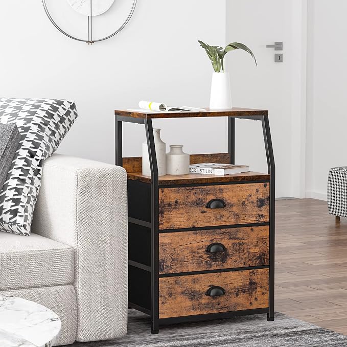 Furnulem Nightstand with 3 Drawers and 2-Tier Shelf, Fabric Small Dresser - Image 5