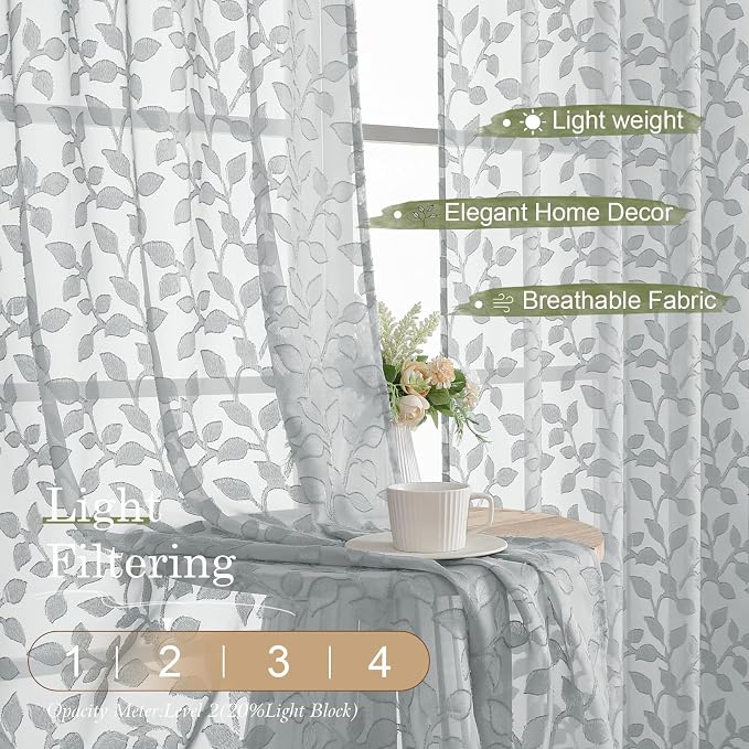 Chyhomenyc Light Grey Sheer Curtains 24 Inch Length, Light Filtering Leaf - Image 2