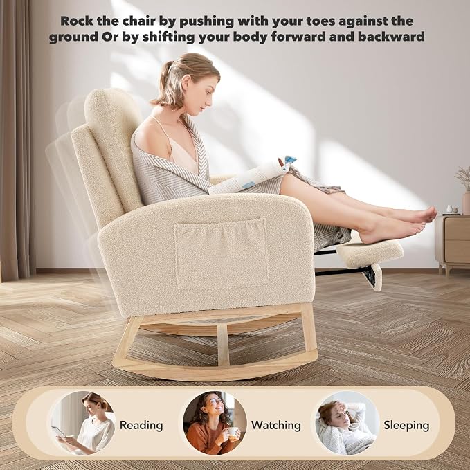 Nursery Rocking Chair with Foot Rest, High Back Upholstered Glider Rocker Chair - Image 3
