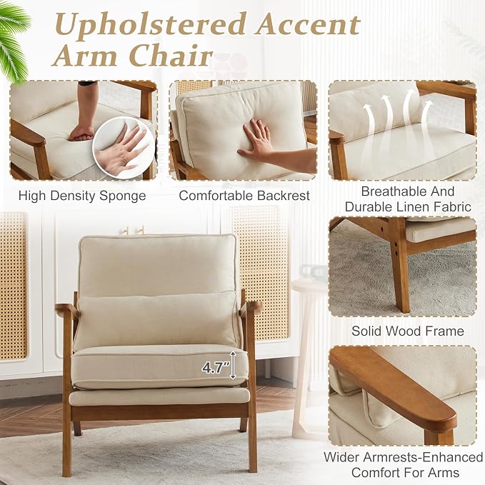 VINGLI Solid Wood Wide Armrests Accent Chair Set of 2, Upholstered Mid Century - Image 5