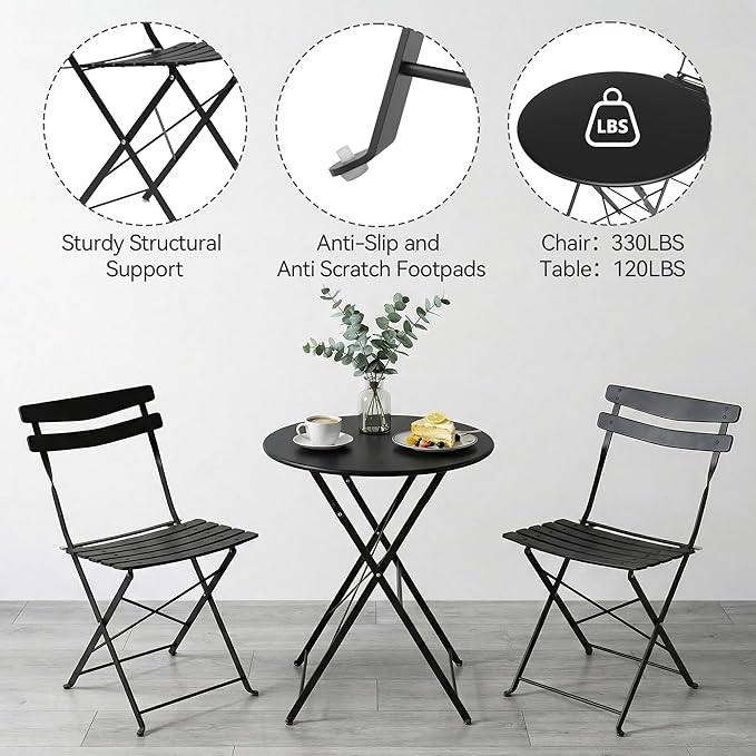 GarveeLife 3 Piece Patio Bistro Set, Folding Patio Bistro Table and Chairs Set - Image 6