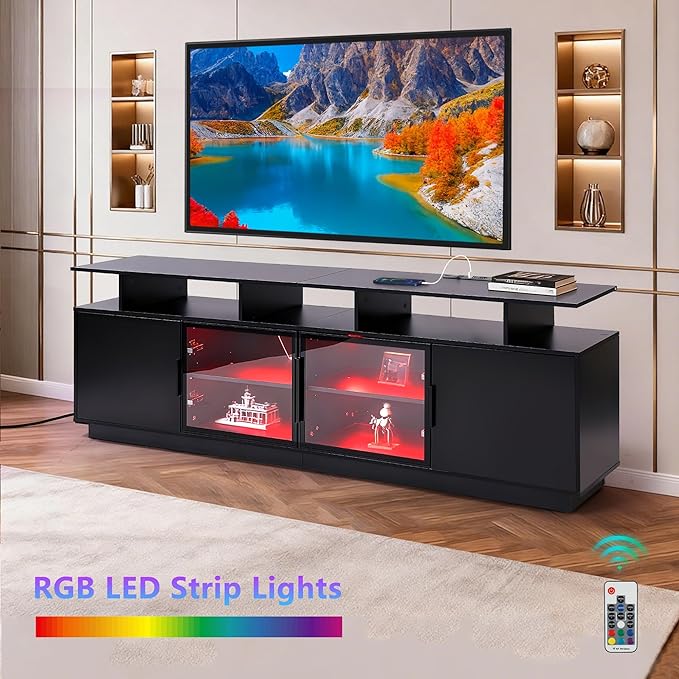 70 Inch Black TV Stand for Living Room, LED Entertainment Center for Gaming - Image 2