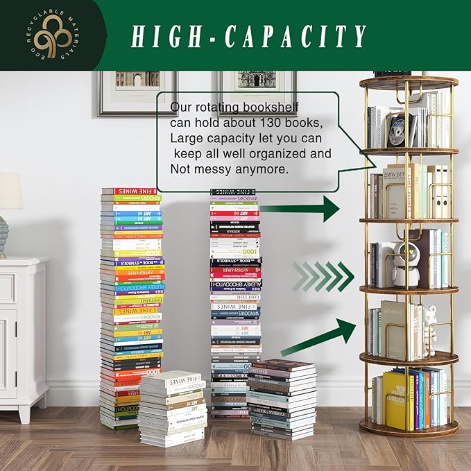 5Tier Rotating Bookshelf, 360 ° Display Stackable Spinning Bookshelf Tower - Image 3
