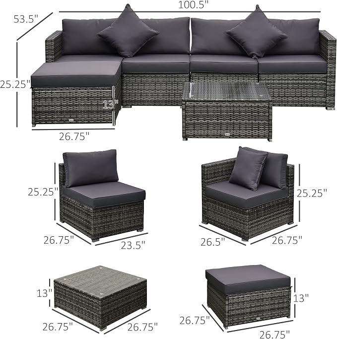 Outsunny 6 Piece Patio Furniture Set Outdoor Wicker Conversation Set All - Image 7