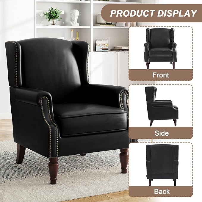 Pia Ricco Set of 2 Faux Leather Accent Chairs, High Back Wingback Armchairs - Image 3