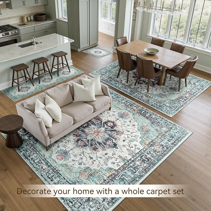 Area Rugs 10'x14' Washable Non-Slip, Floral Vintage Distress Print Pattern - Image 4