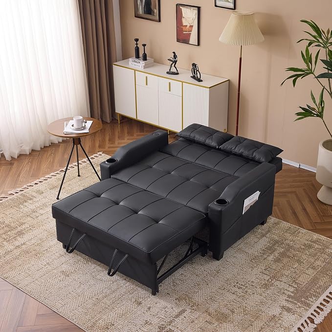 VINGLI Black Futon Sofa Bed Convertible Loveseat Sleeper Couch, Faux Leather - Image 2