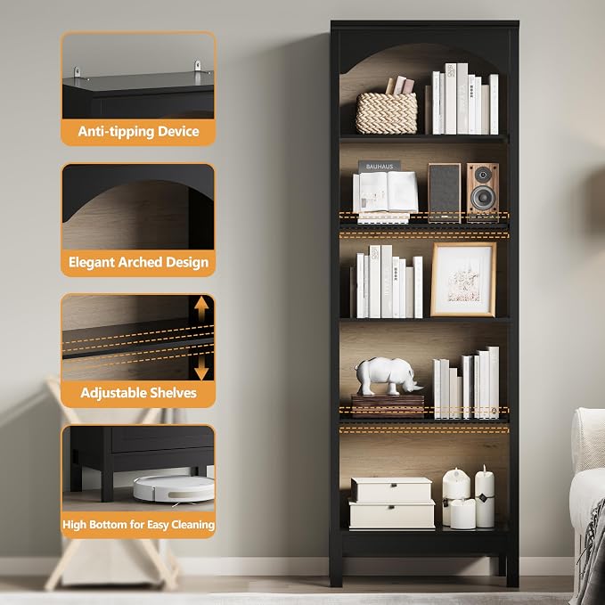 Arched Bookshelf with 5 Tier Open Shelves, Study and Living Room, Modern Black - Image 5