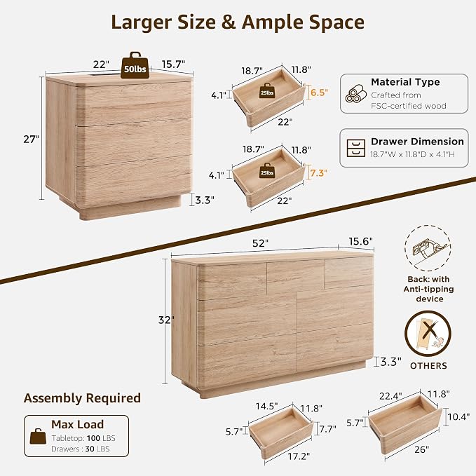 ACCOHOHO 3 Piece Bedroom Furniture Set, 7 Drawer Dresser & Two 22" Nightstands - Image 2