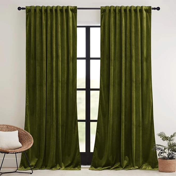 RYB HOME Moss Green Velvet Curtains 63 inches - Image 2