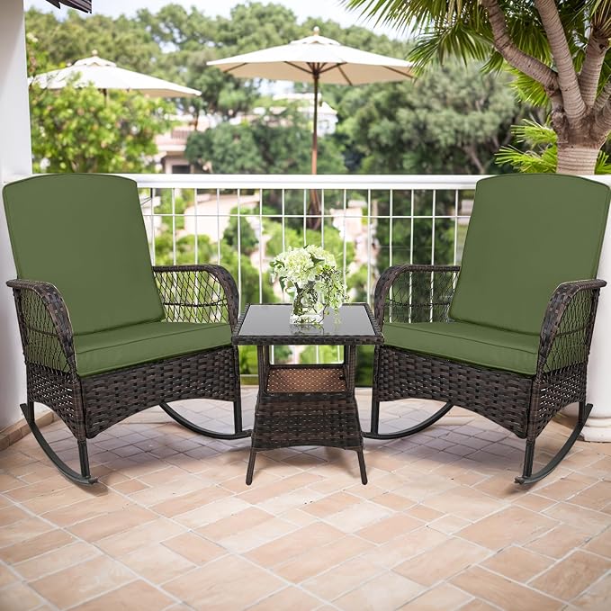 LEVELEVE 3 pcs Rocking Bistro Set Conversation Chairs PE Wicker Outdoor Rocking - Image 6