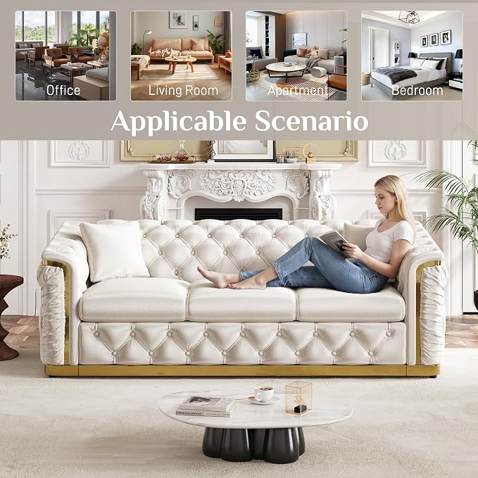 84.6" Luxury Chesterfield Sofa Velvet Tufted Sofa Black and Gold Couch - Image 5