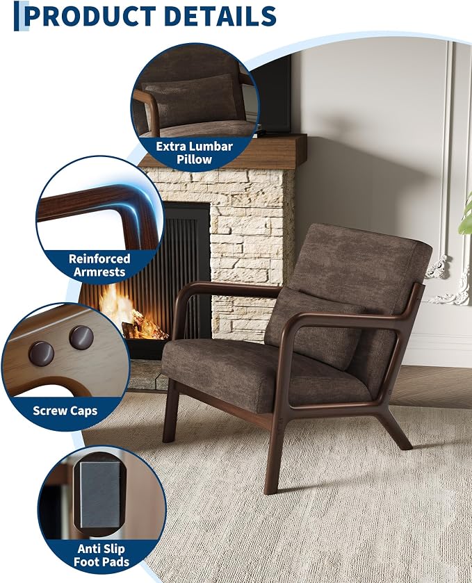 Garvee Mid-Century Modern Accent Chair, Chenille Upholstery, Solid Wood Armchair - Image 4