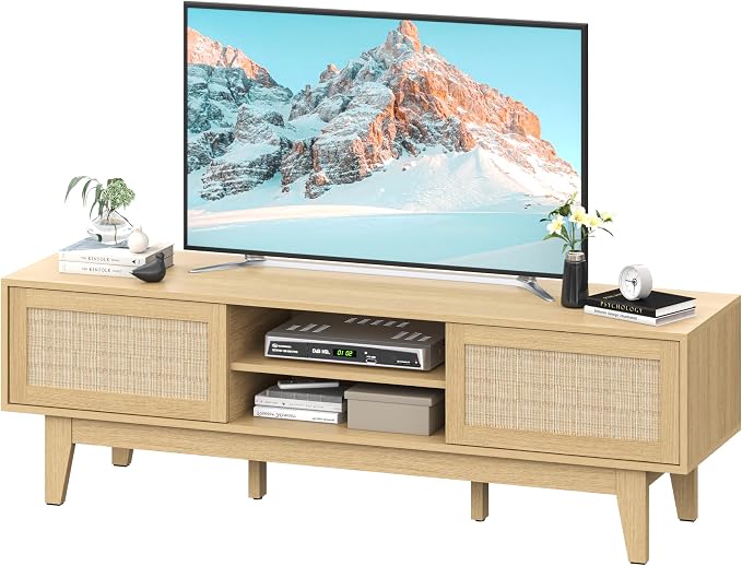 Boho TV Stand for 55 65 Inch TV, Rattan Entertainment Center - Image 7