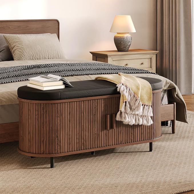 Oval Shoe Storage Bench with Padded Seat Cushion, 2-Tier Fluted Shoe Cabinet - Image 8
