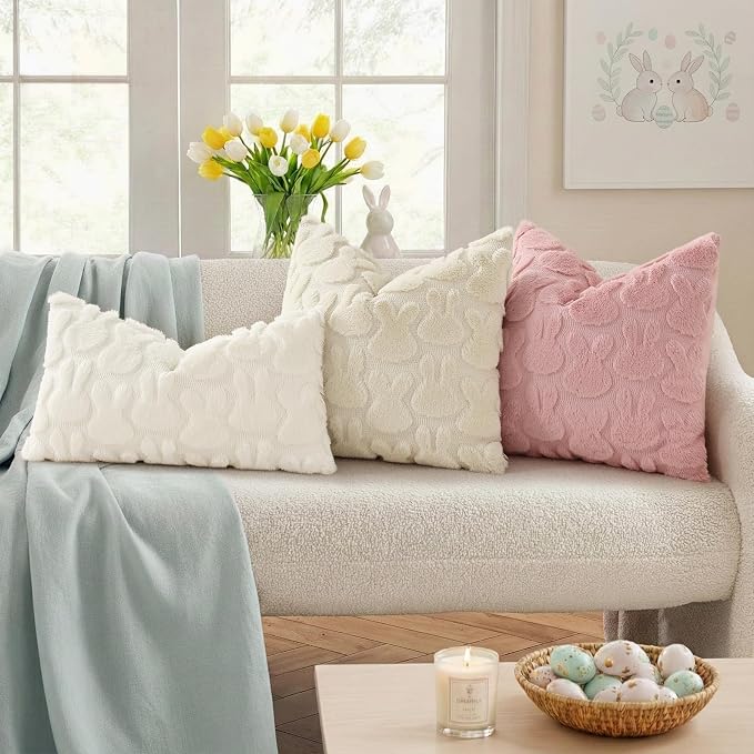 decorUhome Easter Bunny Pillow Covers 16x16 Inch Set of 2, Soft Plush Faux Wool - Image 3