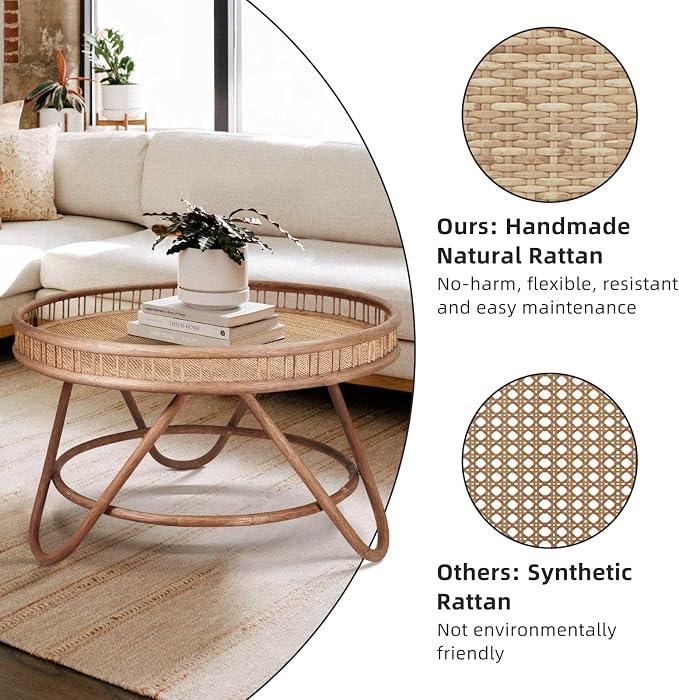 FINECASA Boho Rattan Coffee Table Round, Handwoven Modern Style Round Wicker - Image 3