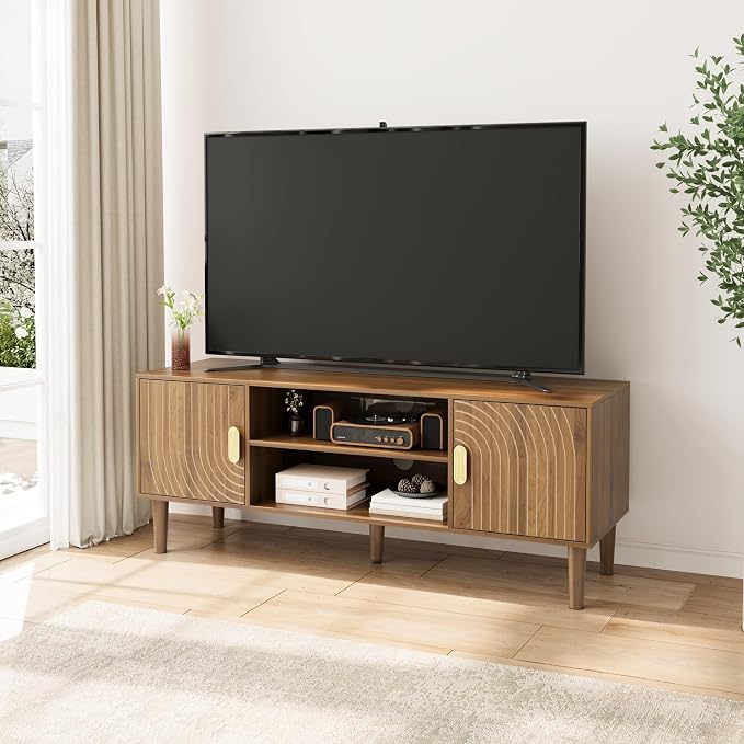 Smuxee Walnut TV Stand with Line Groove Design, 47.2" Mid Century Modern TV by Smuxee